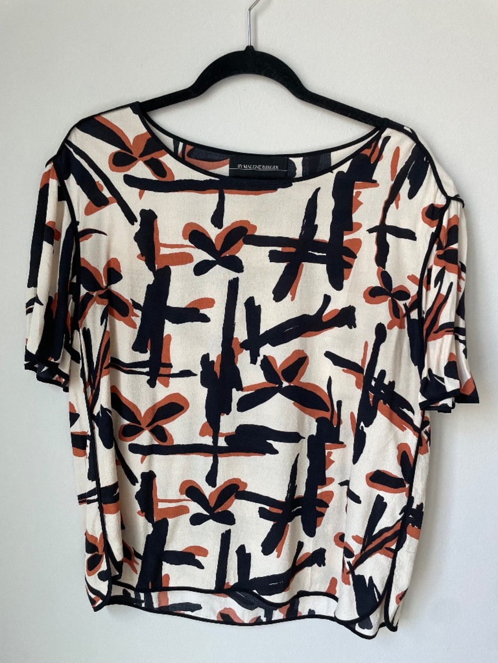 By Malene Birger Cream Black Rust Abstract Print Top EU 40